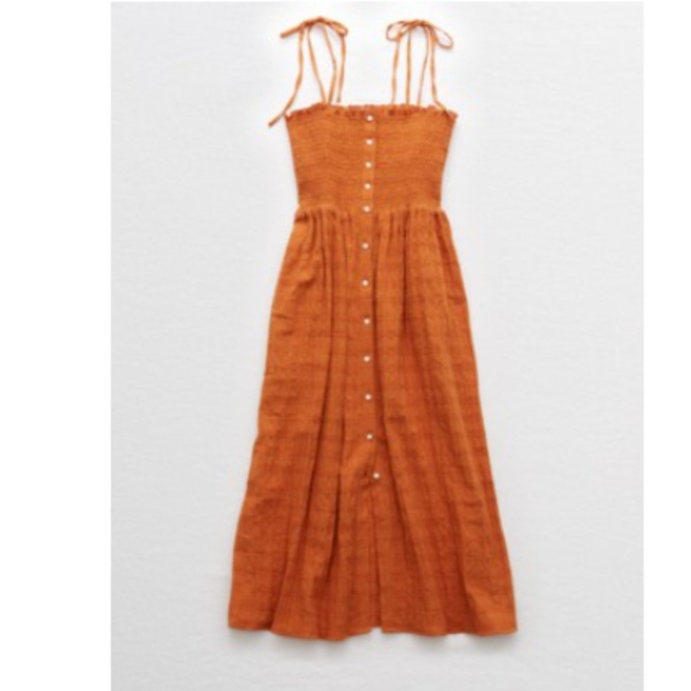 Aerie Smocked Button Down Tie Strap Midi Dress